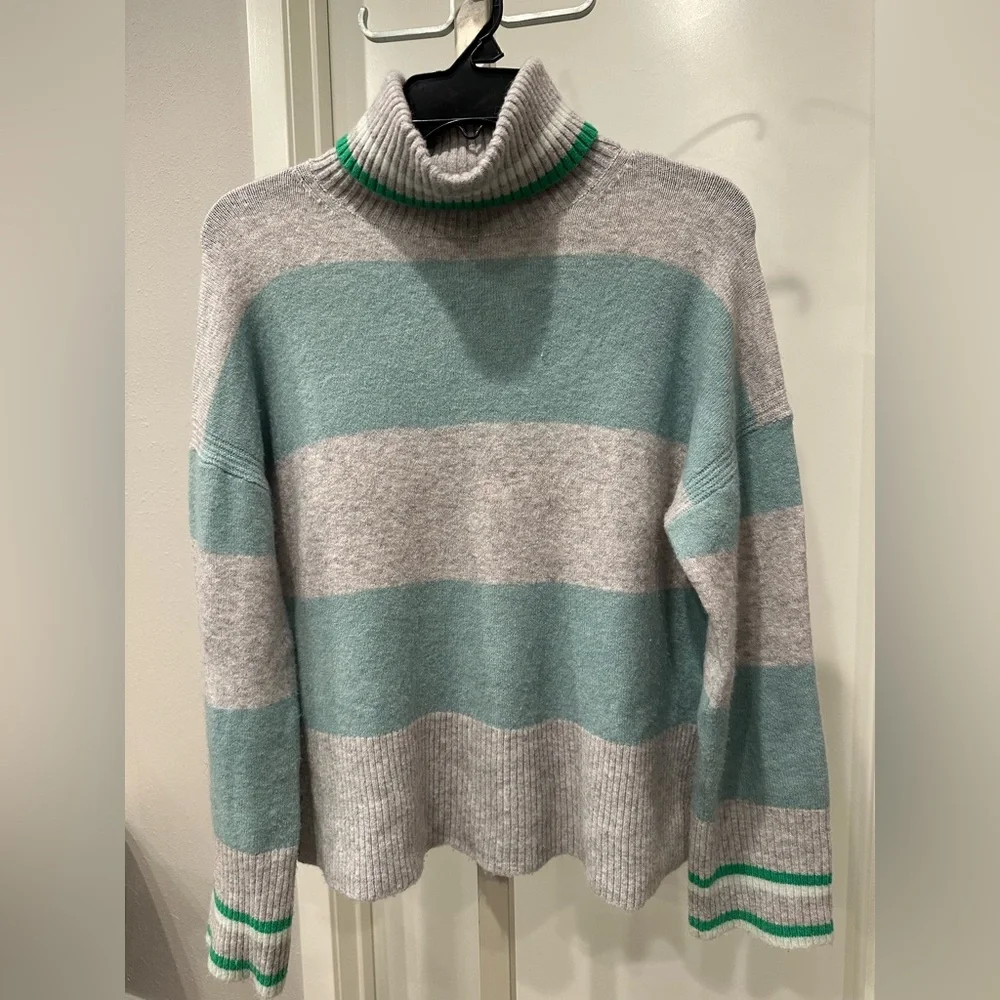 J.Crew Tipped Striped Supersoft Turtleneck Sweater XS Mint Gray Wool Alpaca